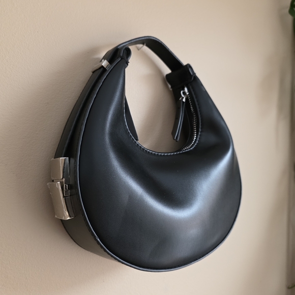 NWOT Black Faux Leather Crescent Moon Mini Hobo Style Bag - Picture 2 of 7